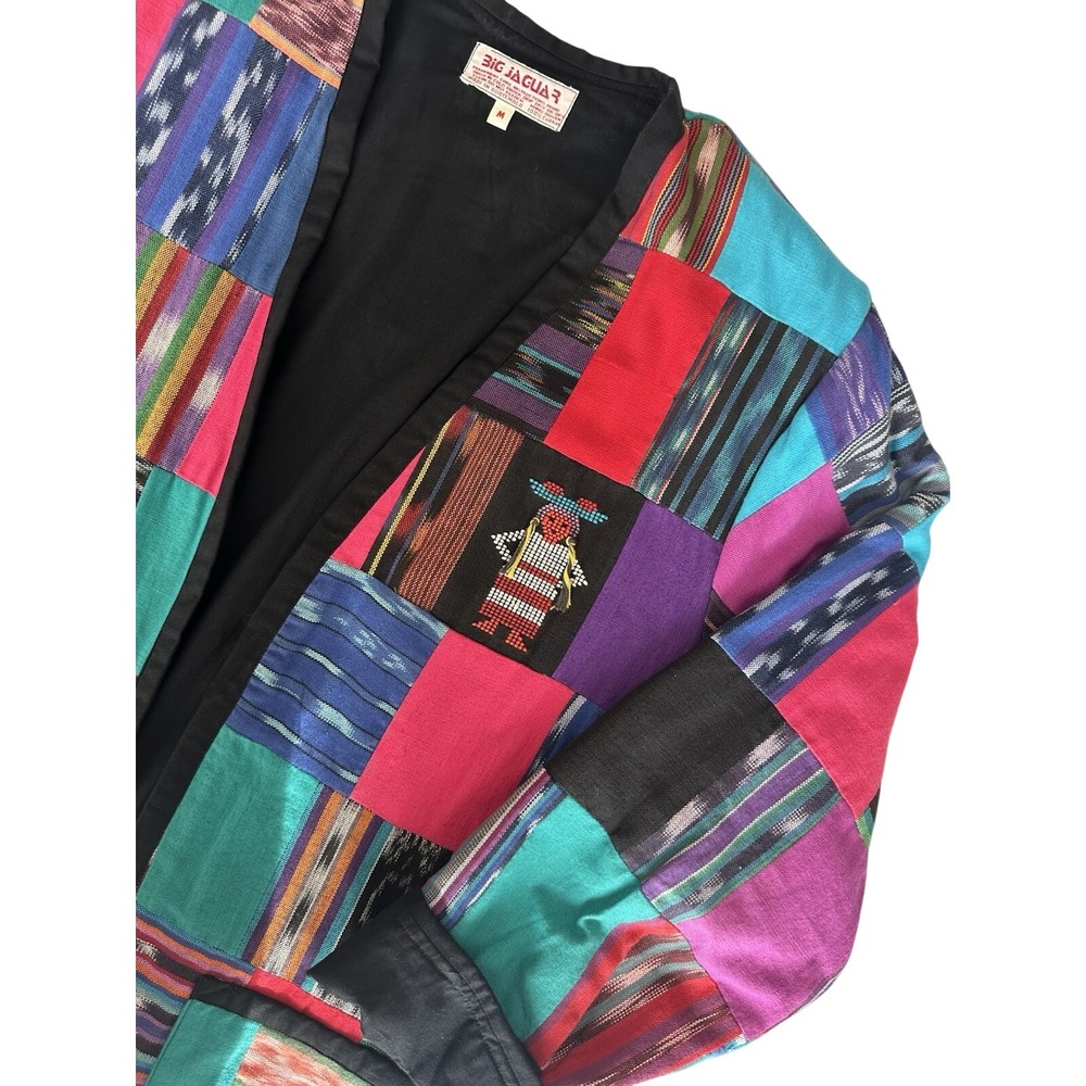 Vtg Big Jaguar Open Jacket Guatemala Ikat Patchwork 3D Vaquero & Cowgirl Size M